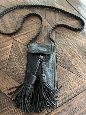 Rebecca Minkoff Isobel Black Pebbled Leather Phone Crossbody Bag Tassel Detail